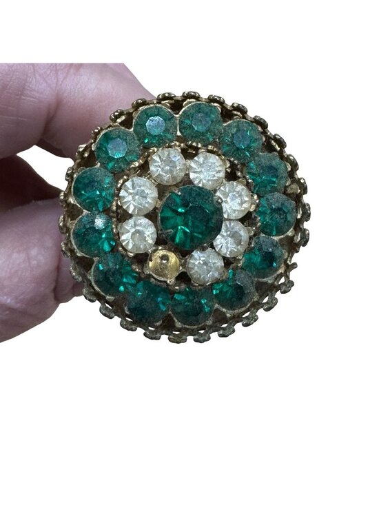 Vintage Jewelry - Vintage Gold-Tone Hat Pin Emerald Green & Clear Rhinestones Filigree Flower READ